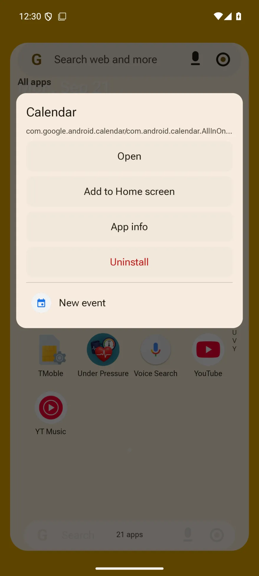 The hold popup on Calendar: Open, Add to Home screen, App info, Uninstall and the app's New event shortcut.