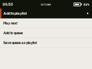 DAYLIGHT context menu titled ACTIONS: Add to playlist, Play next, Add to queue, Save queue as playlist.