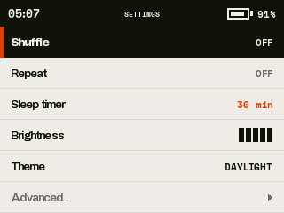 DAYLIGHT Settings screen: Shuffle, Repeat, Sleep timer, Brightness bars, Theme and Advanced.