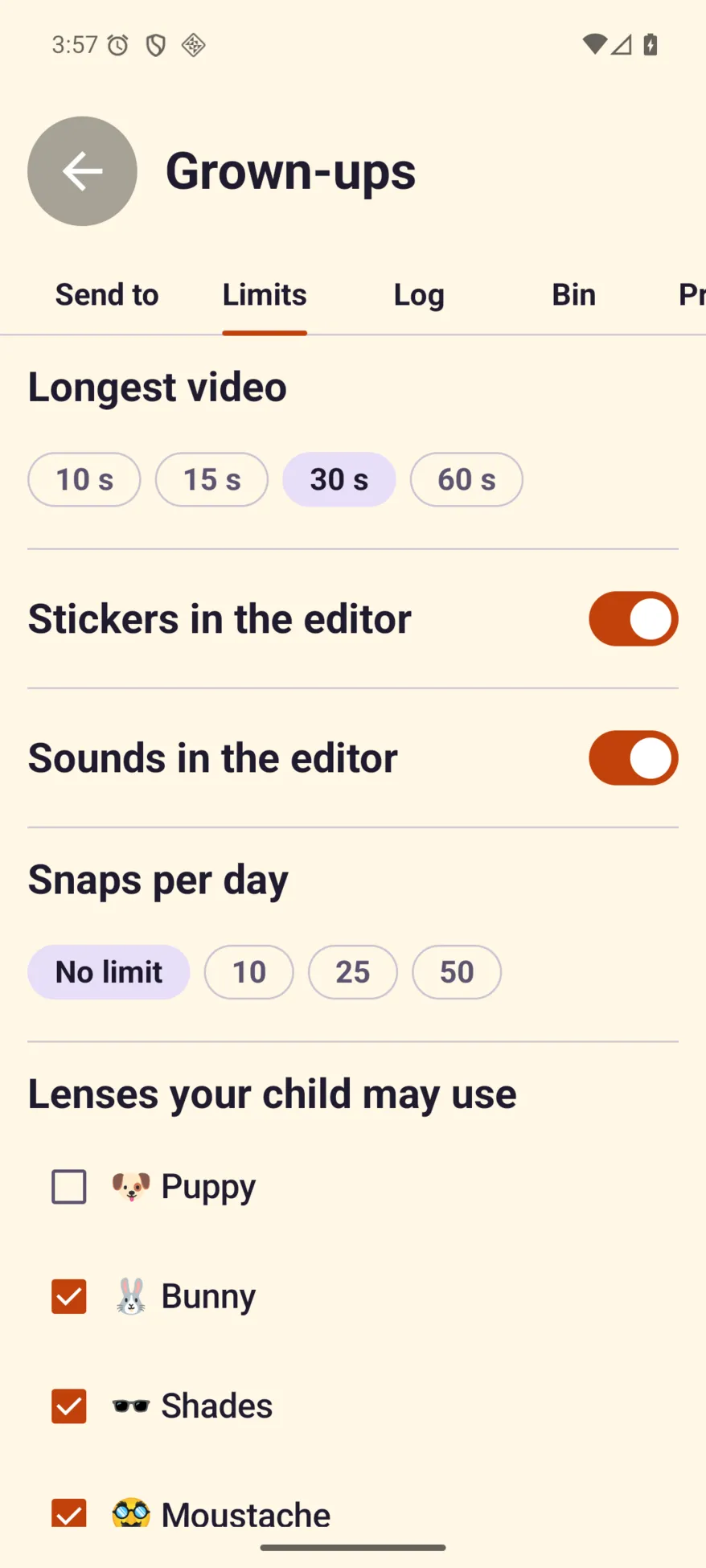 Parent mode, Limits tab: longest video, sticker and sound switches, snaps per day, and the lenses a child may use.