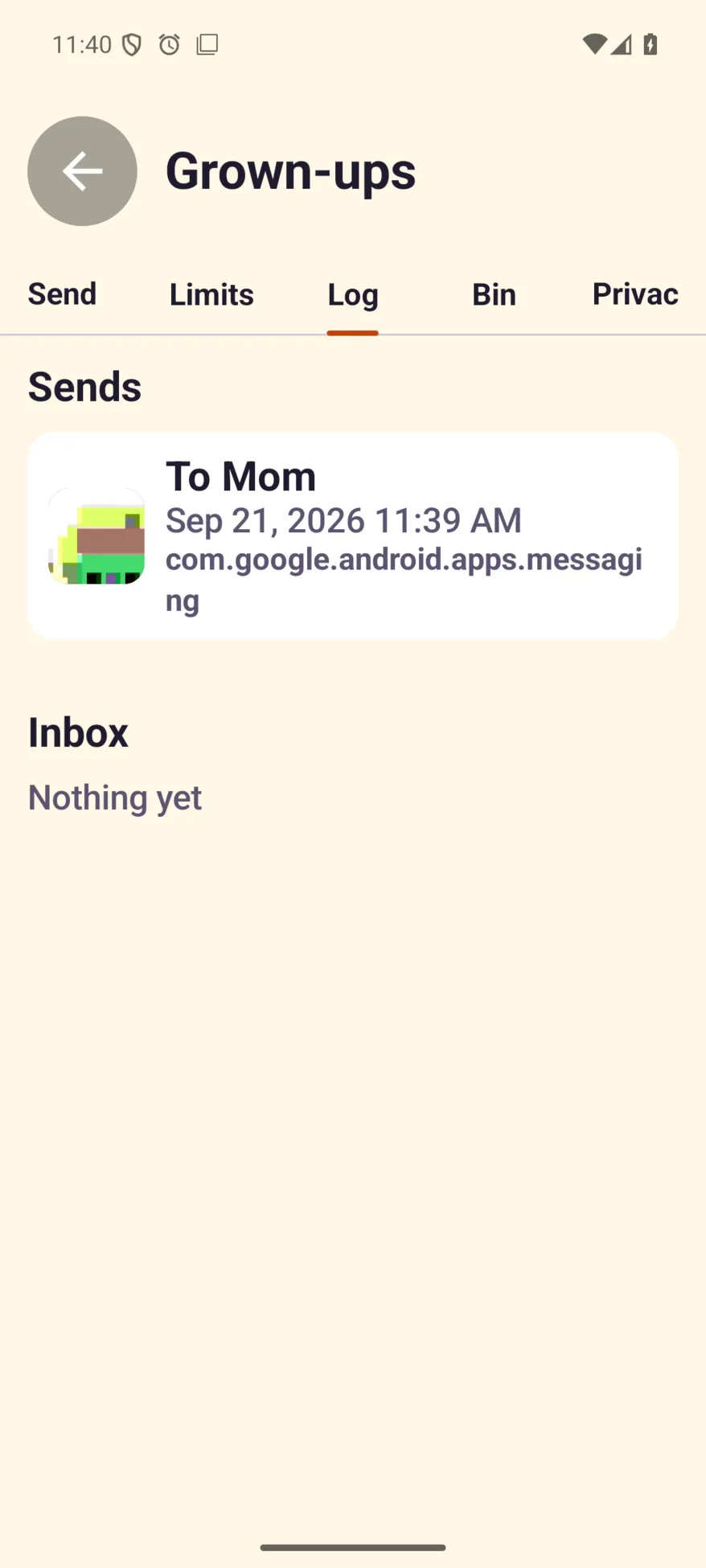 Parent mode, Log tab: one send with its thumbnail, destination label, time and the receiving app's package.
