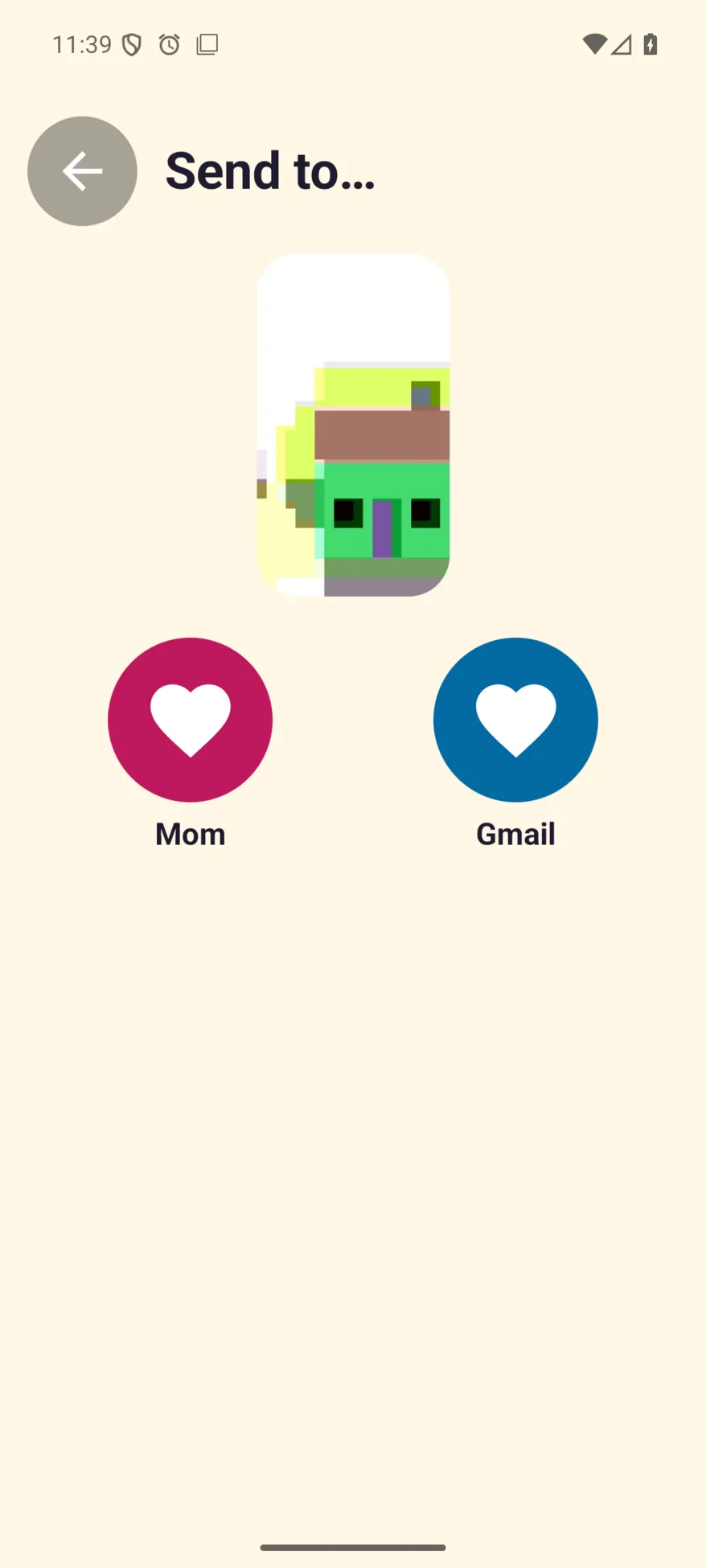The Send screen: a snap preview above two big destination buttons labelled by the parent.