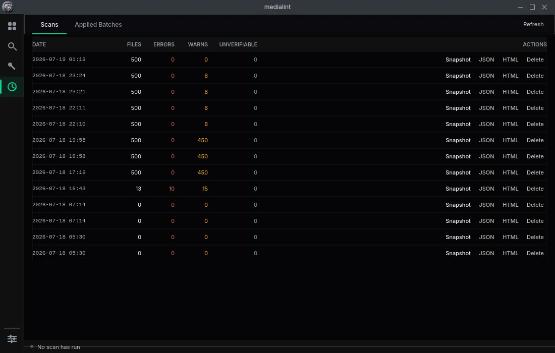MediaLint history view: saved scans with per-severity counts and export actions.