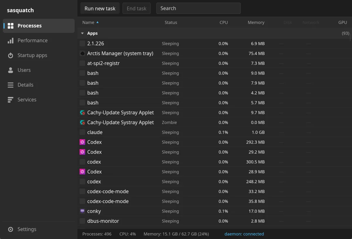 Sasquatch after a Ctrl+Alt+Del summon: the Processes tab with apps grouped, CPU and memory columns, and the daemon connected.